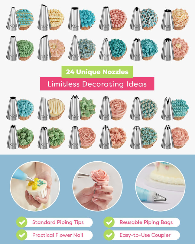 Kootek Juego de 32 Boquillas y Mangas Pasteleras con 24 Boquillas de Glaseado, 2 Mangas Pasteleras Reutilizables de 30 cm, Mangas y Boquillas Reutilizables para Glaseado, Kit de Decoración de Pasteles para Glasear Galletas, Magdalenas