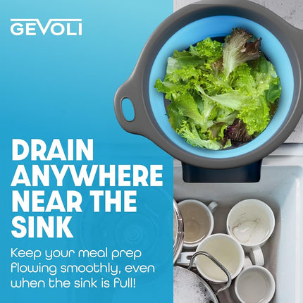 Gevoli Collapsible Colander Food Strainer with Over-Sink Self Draining Base for Pasta Fruits and Vegetables, Round Foldable Draining Basket Grey/Blue