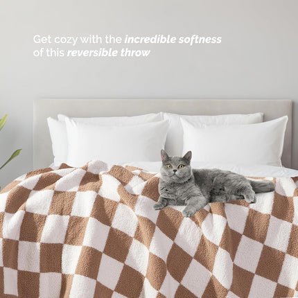Elegant Comfort Checkered Throw Blanket, Taupe Super Soft Cozy Fluffy Warm Throw Blankets for Couch, Sofa, Chair, Bed, Camping, Picnic, Travel Lightweight Bed Blanket (50" x 70")