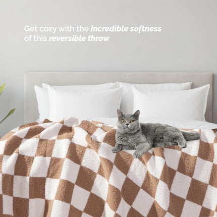 Elegant Comfort Checkered Throw Blanket, Taupe Super Soft Cozy Fluffy Warm Throw Blankets for Couch, Sofa, Chair, Bed, Camping, Picnic, Travel Lightweight Bed Blanket (50" x 70")