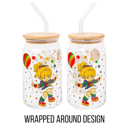 Silver Buffalo Rainbow Brite Balloon Stars Glass Jar Tumbler with Bamboo Lid and Glass Straw, 16 Ounces