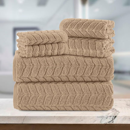 Elegant Comfort Luxury 6-Piece 100% Turkish Cotton Jacquard Braided Textured Premium Hotel Quality Towel Set– Soft and Absorbent, Includes 2 Bath Towels, 2 Hand Towels and 2 Washcloths, Taupe