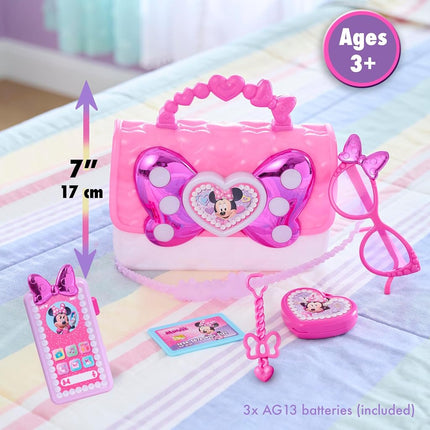 Just Play Disney Junior Minnie Mouse Bowfabulous Bag Set – 18 cm Play Purse with Lights & Sounds Cell Phone, Accessories, Sunglasses & Sticker Sheet for Kids 3 and Up