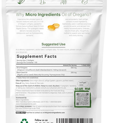 Micro Ingredients Aceite de Orégano en Cápsulas Blandas 6000mg por Porción, 300 Unidades | 2 en 1 Formulado con Aceite de Semilla Negra 200mg, Carvacrol y Timokinona 4 Veces Más Potentes | de Origen Vegetal, Sin OGM y Apoyo Inmunológico