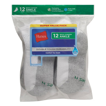 Calcetines Hanes para niños, tobilleros y fantasmas amortiguados Double Tough, paquetes de 12 pares, tobilleros - blanco/gris (parte inferior) - paquete de 12, talla pequeña
