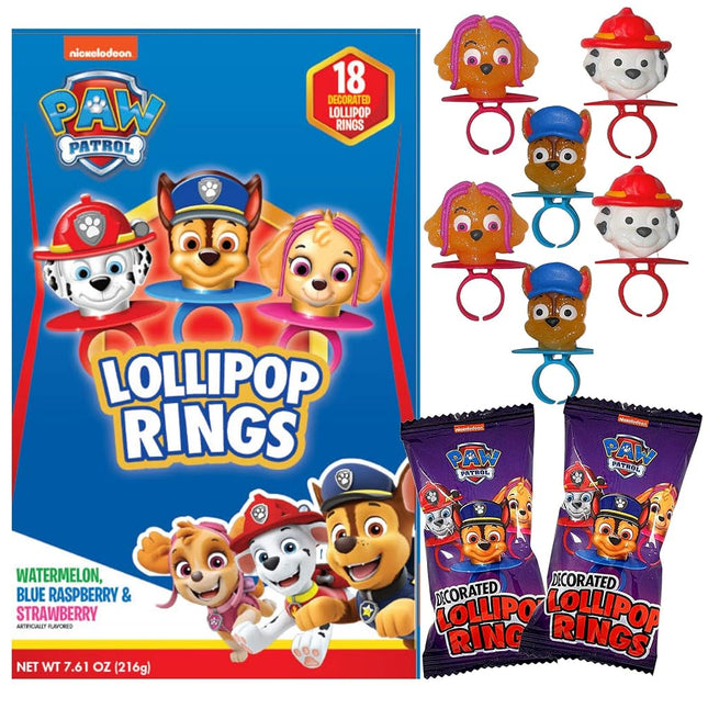 Decorated PAW Patrol Themed Lollipops Rings, Assorted Fruit Flavored Hard Candies, 18 Individually Wrapped Pieces