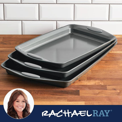 Juego de utensilios para horno antiadherentes Rachael Ray con mangos, bandejas para hornear galletas antiadherentes - 3 piezas, gris con mangos gris sal marina