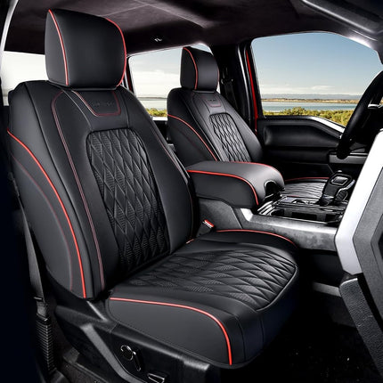 Fundas de asiento de cuero Coverado, juego completo para Ford F150F250F350F450 (2015-2025), fundas impermeables de cojín automotriz para camionetas, ajuste personalizado para F150 SuperCrew y F250-F450 Super Duty Crew Cab (línea roja)