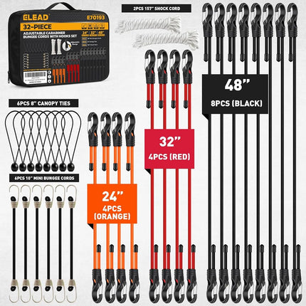 32-Piece Adjustable Bungee Cords with Hooks, 24" 32" 48" Carabiner Bungee Cords Heavy Duty Outdoor, 10" Mini Cord Straps, 8" Canopy Tarp Ball Ties, 157" Shock Cord with Storage Bag