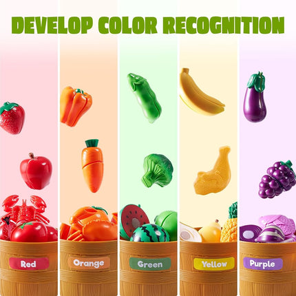 JOYIN 69-Piece Montessori Play Food Set- Cutting Fruits & Vegetables Toys for Toddlers 3-5, Pretend Kitchen with Shopping Basket, Educational Sorting & Counting Games for Daycare. (BPA Free)
