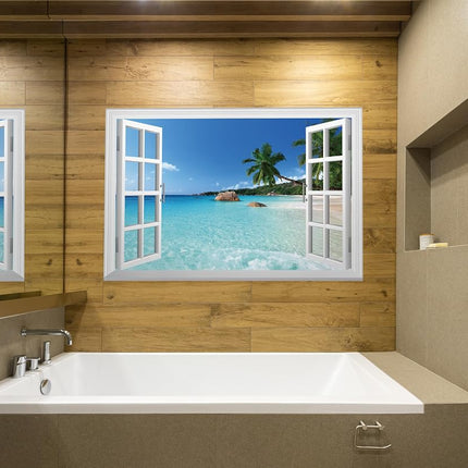 FLFK Fake Window Wall Sticker - Summer Beach Faux Window Wall Mural, Stick and Peel Wall Decals, 48"x32", Set of 2 Sheets