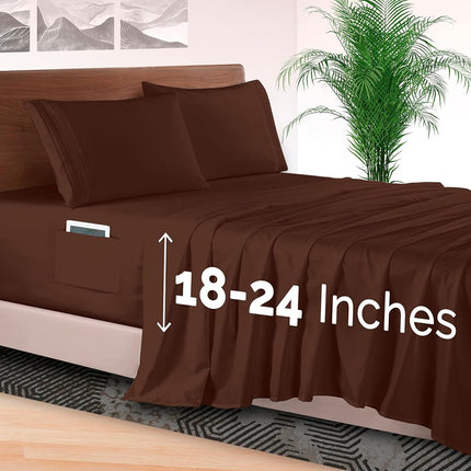 Elegant Comfort 4-Piece Bed Sheet Set - Luxury Bedding 1500 Premium Hotel Quality Microfiber, All Around Elastic 18-24 Inches Deep Fitted Sheet- Extra Deep Pocket Sheets, King, Brown