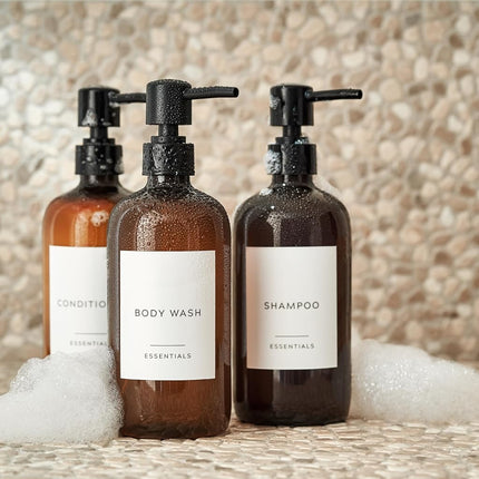 Stylish Shampoo and Conditioner Dispenser Set of 3 - Modern 21oz Shower Soap Bottles with Pump and Labels - Easy to Refill Body Wash Dispensers for an Instant Bathroom Decor Upgrade