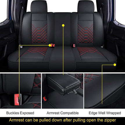 GXT Car Seat Cover Full Set with Waterproof Leather, Automotive Seat Cushion for Pickup Truck Fit for Select 2009-2022 Ford F-150 Models and 2017-2022 F250 F350 F450 Models (Black Red Stripe)