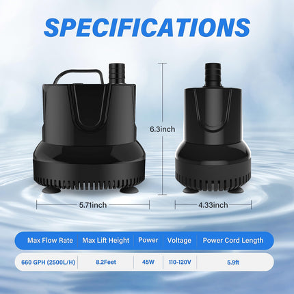 Simple Deluxe 660GPH 45W Bottom Suction Water Table Pump (2500L/H) with 3 Nozzles for Fish Tank, Pond, Aquarium, Hydroponics, Fountains, Black
