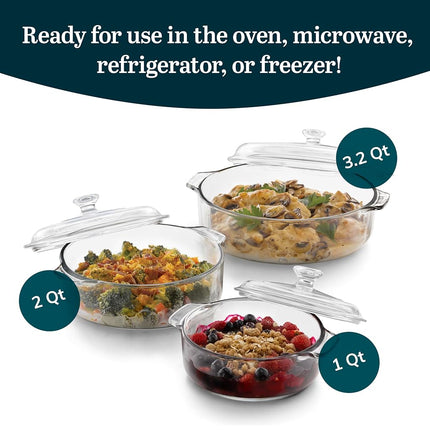 Libbey 56030 Baker's Basics 3-Piece Covered Casserole Dishes, Versatile Glass Baking Dishes for Oven, Clear Lead-Free Casserole Cookware