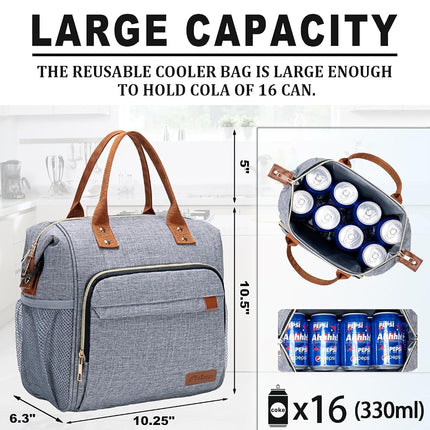 TuErCao Adult Lunch Box - Insulated Lunch Bag Women for Work, Soft Cooler for Beach Travel Picnic, Ladies Lunch Tote Bag for Office, Grey