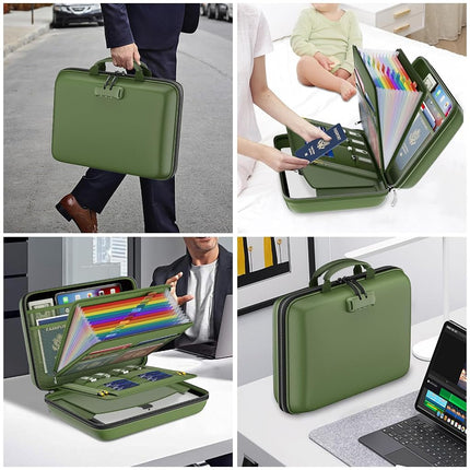DocSafe Fireproof File Organizer with Lock, Hard-Shell Case Fireproof Document Box with 13 Pocket Accordion File Folder, Portable Home Office Travel Safe Storage for Important Documents Laptop Green