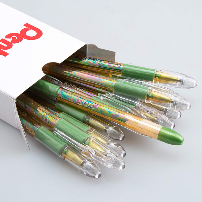 Pentel Krazy POP Beauty Beauty Iridescent Gel Pen, (1.0mm) Bold Line, Yellow & Metallic Green Ink, Box of 12 (K91-DDG)