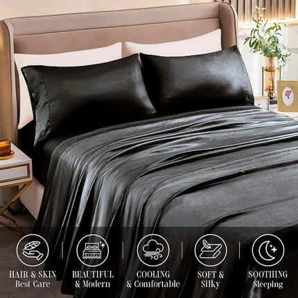 Elegant Comfort Luxurious 4-Piece Silky Satin Sheet Set, Skin and Hair Friendly, Wrinkle, Fade, Stain Resistant with Deep Pockets Fitted Sheet, Cooling Soft Satin Sheet Set, Twin, Black