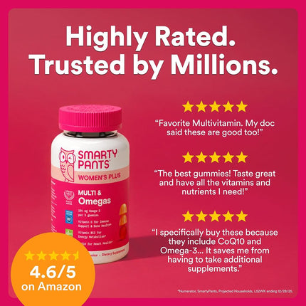 SmartyPants Women's Multivitamin Gummies - Improved Formula: Omega 3 (DHA/EPA), Methylfolate, CoQ10, Vitamin D3, C, Vitamin B12, B6, A, K & Zinc, Inositol, Gluten Free, 90 Count (30 Day Supply)