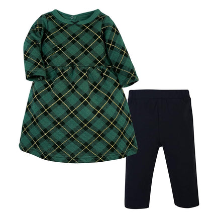 Hudson Baby Vestido y Leggings de Algodón Acolchado para Bebé Unisex, Cuadros Verde Bosque, 4T