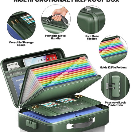 BigPonPon Fireproof Document Box, Hard Case Highly Flame-Resistant Fire Proof Waterproof File Organizer with Lock, Portable Fire Safe for Important Documents & Valuables Storage (Green, ‎16"*12"*5")