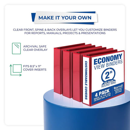 Samsill 2 Inch 3 Ring Binders, Made in USA, Economy Round Ring, Clear View Cover, 425 Sheet Capacity - for School, Home, Office - Red, 4 Pack