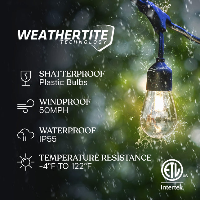 Brightech Ambience Pro - Luces Solares de Exterior Impermeables - 48 pies de Focos Colgantes Edison Crean un Ambiente de Bistró en su Jardín - Grado Comercial, Resistentes a Roturas - LED de 1W, Luz Blanca Suave