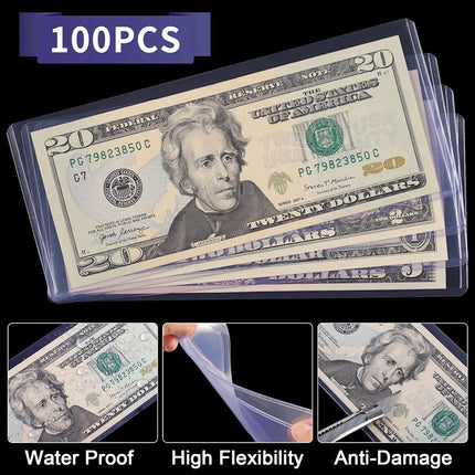 Uncle Paul 100PCS Banknotes Top-Insert Holders - Currency PVC Transparent Bill Money Top-Load Sleeves Display Holder for Regular Bills Protector Storage Cases Collectors PN03L100