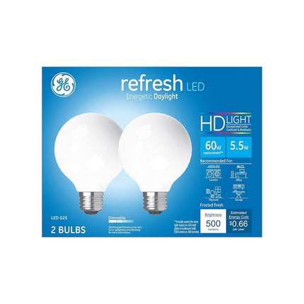 GE Refresh LED Globe Light Bulbs, 5.5 Watt (60 Watt Equivalent) Daylight HD Light, Frosted Finish, Medium Base, Dimmable (2 Pack)