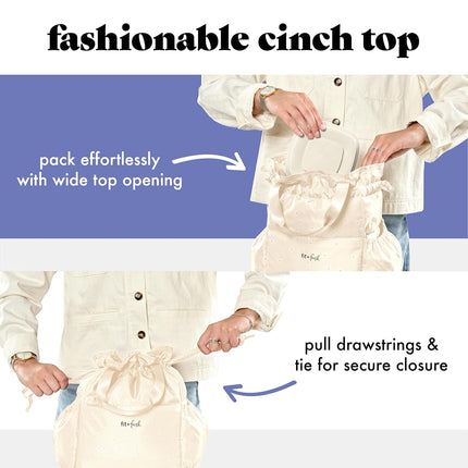 Fit & Fresh Cromwell Drawstring Lunch Bag for Women, Complete Lunch Set with 2 Containers, Stain-Resistant, Leak-Resistant, Back to School Essential, Teacher Lunchbox, Ivory Daisies