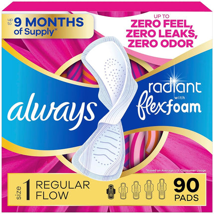 Always Radiant Feminine Pads For Women, Size 1 Regular Absorbency, With Flexfoam, With Wings, Light Clean Scent, 30 Count x 3 Packs (90 Count Total)