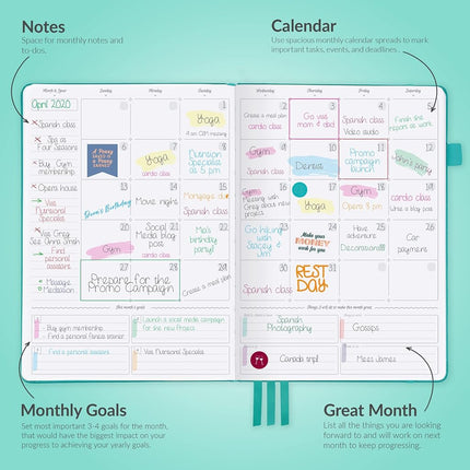 GoGirl Planner PRO - Undated Horizontal Layout Weekly Planner and Organizer + Budgeting and Expense Tracking Pages, Goals Journal & Agenda, 18 x 25.5cm, Hardcover, Lasts 1 Year - Turquoise