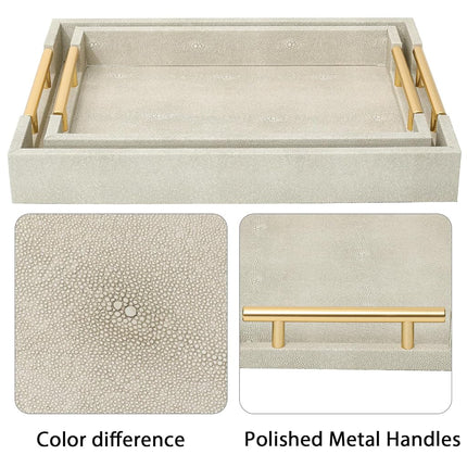 SwallowLiving Set of 2 Shagreen Serving Tray with Gold Polished Metal Handles Ivory Wood Decorative Tray PU Leather with Brushed Gold for Coffee Table Ottoman Console Table