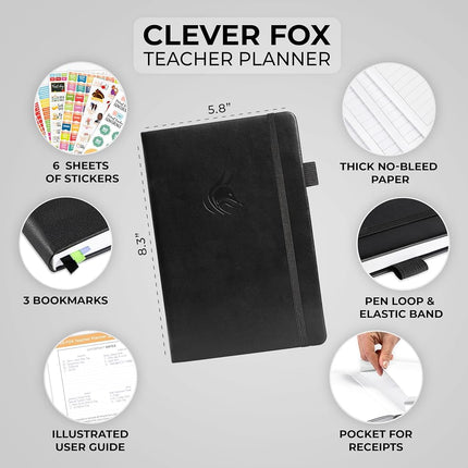 Clever Fox Teacher Planner – School Year Planner with Calendars & Lesson Plans – Teacher Plan Book for Classroom & Homeschool Organization - Undated, A5 Size, Hardcover (Black), CFTP