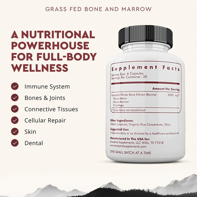 Ancestral Supplements Complément Os et Moelle de Bœuf Nourri à l'Herbe, Os, Peau, Santé Buccodentaire et Articulations Favorisant le Bien-Être Général, Extrait d'Os Entier Non-OGM, 180 Capsules
