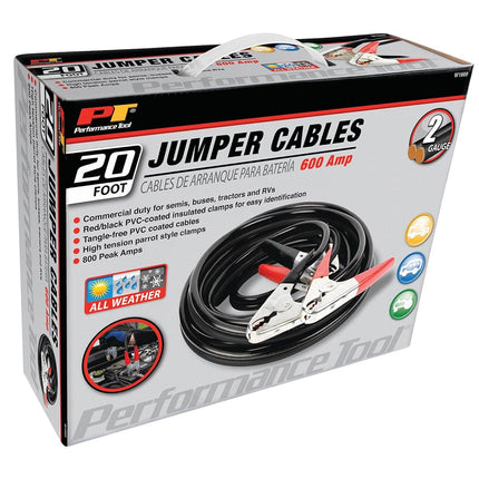 Performance Tool W1669 20' Commercial Duty 2-Gauge 800 PEAK AMP All Weather Jumper Cables for Tractors, Semis, Buses, and RVs
