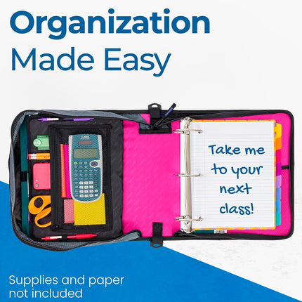 Case-it The Mighty Zip Tab Zipper Binder - 3 Inch O-Rings - 5 Color Tab Expanding File Folder - Multiple Pockets - 600 Sheet Capacity - Comes with Shoulder Strap - Magenta D-146