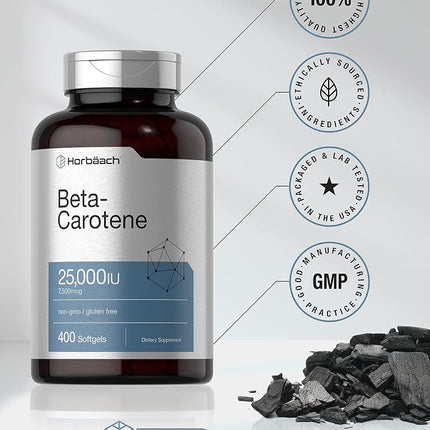 Beta Carotene 25000 iu Softgels | 7,500 mcg | 400 Count | Non-GMO and Gluten Free Formula | Vitamin A as Beta-Carotene Supplement | Value Size | by Horbaach