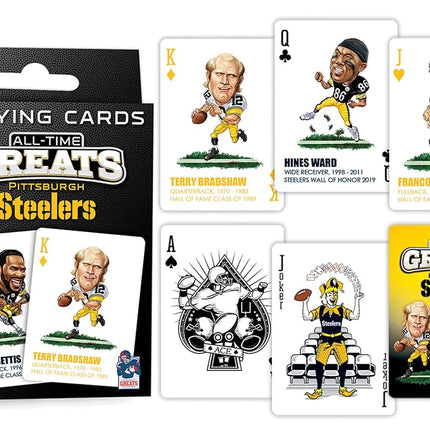 MasterPieces Family Games - Cartas de Juego Pittsburgh Steelers All-Time Greats - Baraja de Cartas Oficialmente Licenciada para Adultos, Niños y Familia