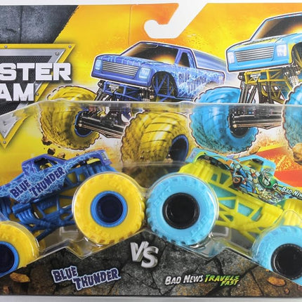 Monster Jam Official 1:64 Scale Diecast Truck 2-Pack Series 33 Blue Thunder vs Bad News Travels Fast