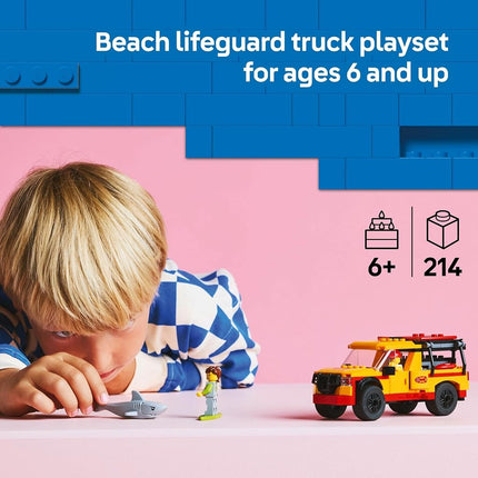 LEGO City Lifeguard Beach Rescue Truck Toy for 6+ Year Old Boys & Girls, Vehicle Building Set with 2 Minifigures, Kids Toy Car and a Shark Figure, Construction Playset for Creative Role Play 60453