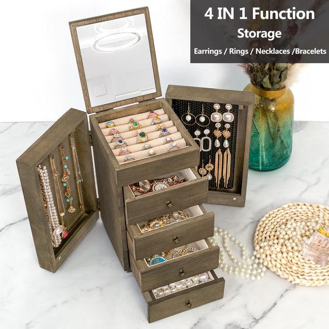 Meangood Joyero de Madera para Mujer, Caja Organizadora Grande de 5 Capas con Espejo y 4 Cajones para Anillos, Pendientes, Collares, Estilo Vintage Gris Desgastado