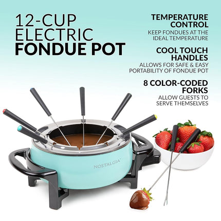 Olla eléctrica para fondue Nostalgia, 12 tazas, máquina de fondue con control de temperatura, 8 tenedores, asas frías al tacto, perfecta para derretir chocolate, queso, caramelo, aguamarina, FPS6AQ