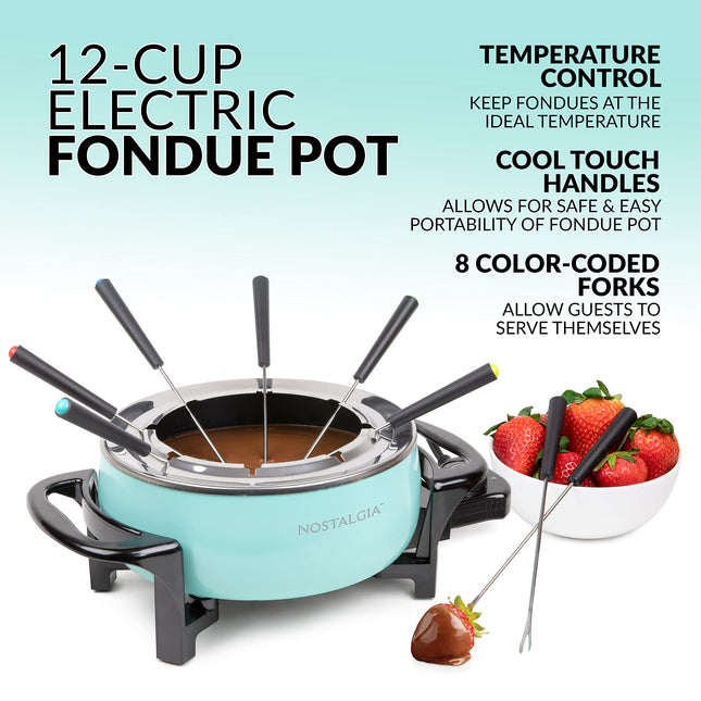 Olla eléctrica para fondue Nostalgia, 12 tazas, máquina de fondue con control de temperatura, 8 tenedores, asas frías al tacto, perfecta para derretir chocolate, queso, caramelo, aguamarina, FPS6AQ