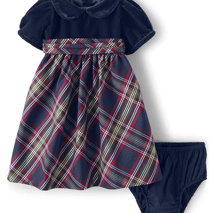 Gymboree Baby Girls' Short Sleeve Dressy Special Occasion Dresses with Diaper Cover, Tidal Plaid, 6-9 Months