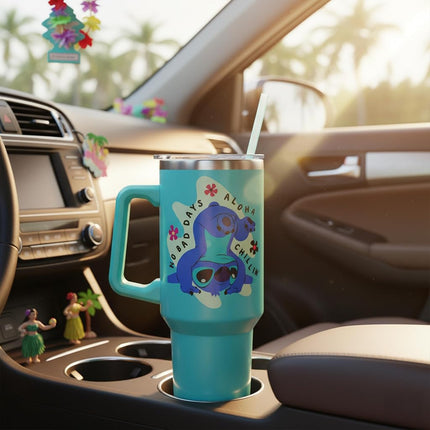 Silver Buffalo Disney Lilo et Stitch Aloha No Bad Days Gobelet en acier inoxydable Chillin' avec poignée et paille, compatible avec les porte-gobelets standard, 1,2 litre