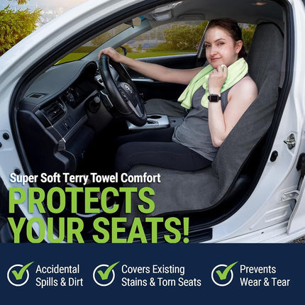 Season Guard Terry Cloth Sweat Towel Seat Cover; Carseat Towel Protector; Great for Gym Workout; Waterproof; Universal Fit for Car SUV Van Truck; EZ fit; Non Slip Grip; Machine Washable; 2pc Grey