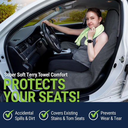 Season Guard Terry Cloth Sweat Towel Seat Cover; Carseat Towel Protector; Great for Gym Workout; Waterproof; Universal Fit for Car SUV Van Truck; EZ fit; Non Slip Grip; Machine Washable; 2pc Grey